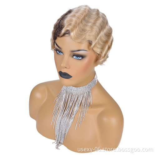 Blonde Color Short Curly Pixie Cut Wigs Wholesale Finger Wave Short Bob Human Hair Wigs For Women